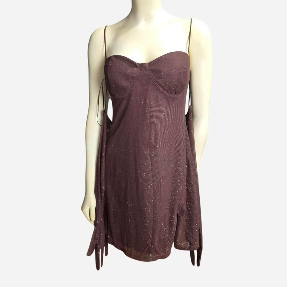 Windsor Brown Glitter Mesh Bustier Mini Dress with Matching Gloves Large